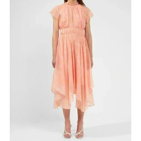 NWT French Connection Coral Floral Peach Diana Rec Crinkle Flowing Dress Size 12 - Picture 1 of 16